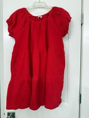 Ivy City Co Red Cotton Gauze Casual Tiered Dress
